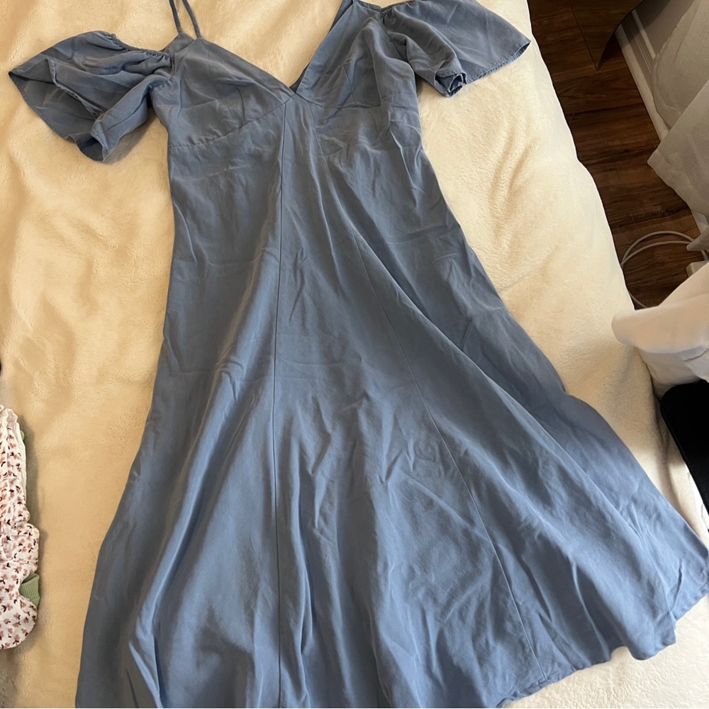 Zara Blue Midi Dress with Ruffled Sleeves